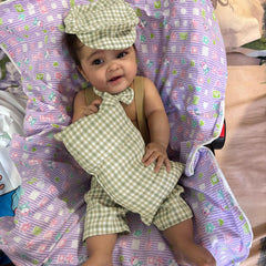 MOMISY Baby Photography Props Set, 4 Pieces, Gentleman Cap with Bow, Pillow and Dungaree (Light Green, 0-3 Months)