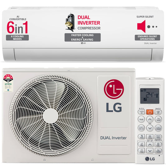 LG 1 Ton 4 Star DUAL Inverter Split AC (Copper, AI Convertible 6-in-1 Cooling, 4 Way Swing, HD Filter with Anti-Virus Protection, Faster Cooling & Energy Saving, TS-Q13JNYE, White)