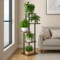 STANSY 5 Tier Plant Stand with Wheels | Multi-Layer Metal Flower Shelf for Indoor & Outdoor Use | Heavy-Duty Wooden Laminate Display Stand for Home, Balcony, Living Room(Mocha Brown + Black,106cm)