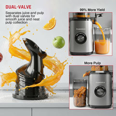 DOMESTICA Dripdrop Cold Press Juicer for Home with 108mm Wide Feed Chute | Slow Juicer Machine for Fruit, Veggie & Nut Milks | Smart Reversal Technology & Triple Strainers For High Nutrition