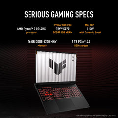 ASUS TUF A16,AMD Ryzen 9 8940HX, Gaming Laptop(RTX 5070-8GB/115W TGP/16GB/1TB /2.5K QHD+/16"/165Hz/90WHrs/Windows 11/M365 Basic (1Year)*/Office Home 2024/Jaeger Gray/2.2 Kg) FA608PP-QT014WS