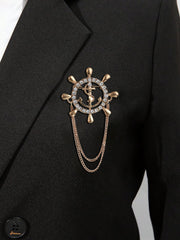 SYGA Men's & Women Suit Shirt Stud Lapel Pin Chain Tassel Brooch Pin with Crystal Chain(golden Rudder)