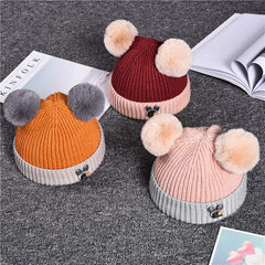 SYGA Woolen Cap for kidas, Double Thick Cap Unisex, Warm Ear Proction Pompom Winter Baby Cap Pink 1-4 Year - Grey