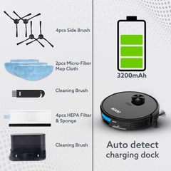 AGARO Alpha Robot Vacuum Cleaner, Brush, Dry Vacuum & Wet Mop, Automatic Cleaning, Upto 3200Pa Strong Suction, Rechargeable, App Control, Lidar Navigation, Editable Map to Clean, Hard Floor & Carpet