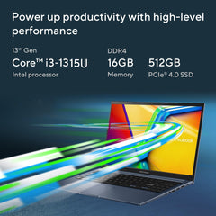 ASUS Vivobook 15, Intel Core i3 13th Gen 1315U, 16GB RAM, 512GB SSD, FHD 15.6", Touchscreen, Win11, Office Home 2024, M365 Basic (1Year)*, Quiet Blue, 1.7Kg, X1504VA-E83959WS, Intel UHD iGPU, Laptop