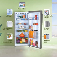 Haier 190L 5 Star Direct Cool Single Door Refrigerator | 3 Toughened Glass Shelves | Fast Ice Making in Just 60 minutes | Large Veg Box| Easy Clean Back (HED-205DS-P, Dazzle Steel)