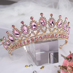SYGA Princess Antique Bronze Crystal Rhinestone Bride Diamond Crown Tiaras Women Headband Wedding Jewelry Hair Accessories - Gold Pink