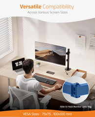HOSS® Single Monitor Arm Desk Mount - Holds Screens up to 32 inches, Fully Adjustable Stand with C-Clamp and Grommet Base, VESA 75x75mm or 100x100mm, Black