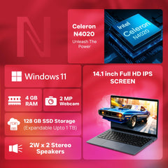 Neopticon BrowseBook 14.1" FHD IPS Laptop | Best Student & Office Work Laptop | Celeron N4020 | 4GB RAM | 128GB SSD | Windows 11 | 38Wh | 1.3kg | Grey