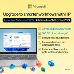 HP 15, AMD Ryzen 5 7430U (16GB DDR4, 512GB SSD) FHD, Anti-Glare, Micro-Edge,15.6''/39.6cm, Win11, M365 Basic(1yr)* Office24, Silver,1.59kg, fc0389AU, AMD Radeon, FHD Camera w/Shutter, Backlit Laptop