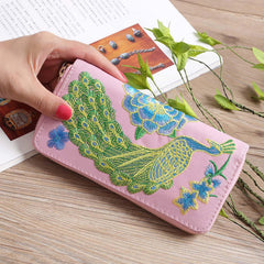 MOMISY Women's PU Leather Peacock Embroidery Clutch Purse, Handbag, Party Wedding Wallet with Zipper (Light Pink)