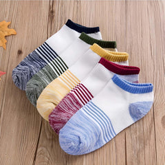 MOMISY Men's Premium Cotton Cushion Ankle length Socks, (Multicolor) Pack of 5 (Free Size) (5 Stripes)