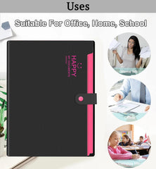 SYGA Cute Smiling Face Multi-Layer Accordion Bag Storage A4 Folder, Small Fresh Test Paper Bag Ticket Information Bag 12 Grids (Black)