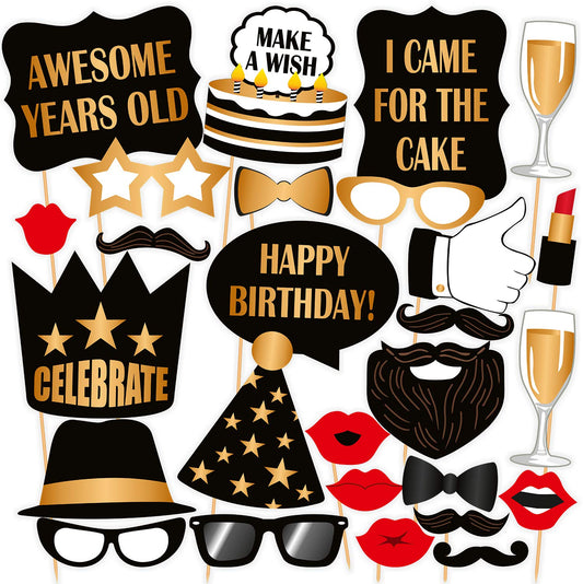 SYGA Black and Golden Birthday Party Photo Booth Props Craft Item (Set of 27)