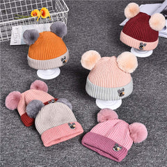 SYGA Woolen Cap for kidas, Double Thick Cap Unisex, Warm Ear Proction Pompom Winter Baby Cap Pink 1-4 Year - Grey