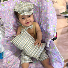MOMISY Baby Photography Props Set, 4 Pieces, Gentleman Cap with Bow, Pillow and Dungaree (Khaki Grey, 0-3 Months)