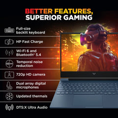 HP Smartchoice Victus, AMD Ryzen 5 8645HS, 6GB RTX 3050, 31 Tops, 16GB DDR5(Upgradeable) 512GB SSD, 144Hz, 300nits, FHD, 15.6"/39.6cm, Win11, M365* Office24, Blue, 2.3kg, fb3009AX, AI Gaming Laptop