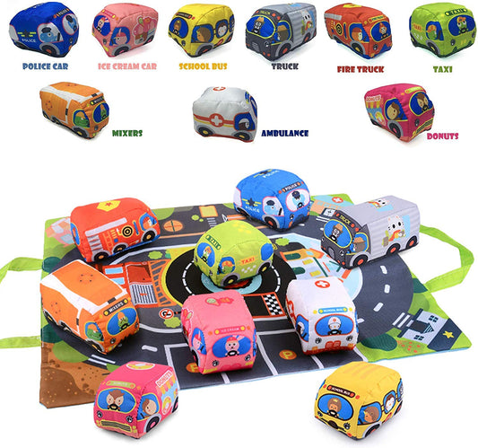 SYGA Soft Cars Toys,Town Play Mat,9 PCs Toddler Cars Activities Cloth Vehicles Toy Car Set.