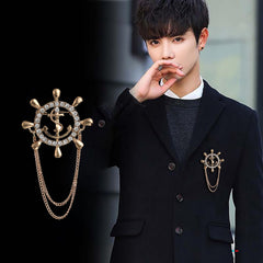 SYGA Men's & Women Suit Shirt Stud Lapel Pin Chain Tassel Brooch Pin with Crystal Chain(golden Rudder)