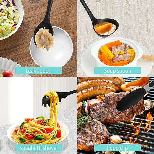 SYGA Silicone Kitchen Utensils Spoon Set, 10 Pieces Silicone Cooking & Baking Tool Sets Non-Toxic Hygienic Safety Heat Resistant_Black