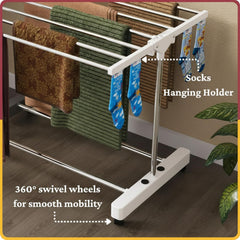 STANSY Stainless Steel Foldable Clothes Drying Rack with Wheels, Heavy-Duty Laundry Stand for Home & Balcony, Space-Saving Design, Indoor Outdoor Cloth Dryer