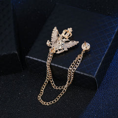 SYGA Luxury Crown Style Brooch for Men's & Women Suit Shirt Stud Brooch Lapel Pin Brooch Pin Chain Tassel Brooch Pin with Crystal Chain(Golden Crown Eagle Black Gemstone)