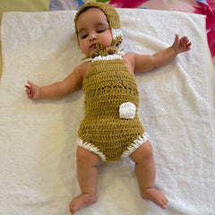 MOMISY Baby Photography Costume Set, Knitted Beanie Cap and Romper, Khaki and White