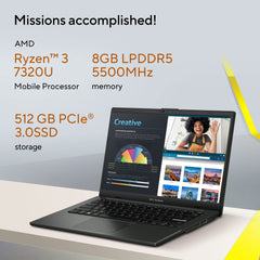 ASUS Vivobook Go 14, AMD Ryzen 3 7320U, 8GB RAM, 512GB SSD, FHD 14", Windows 11, Office Home 2024, Mixed Black, 1.38 kg, E1404FA-NK3325WS, AMD Radeon iGPU, M365 Basic (1Year)*, Thin & Light Laptop