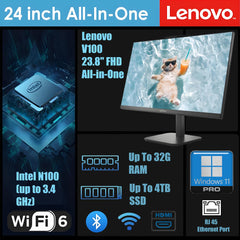 Lenovo 23.8" FHD All-in-One Desktop Computer for Home & Business, Intel N100 (up to 3.4 GHz), 8GB RAM, 512GB SSD, Intel UHD Graphics, RJ45, Bluetooth, HDMI, Wi-Fi, Keyboard & Mouse, Windows 11 Pro