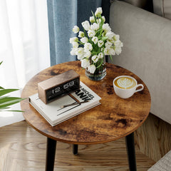 STANSY Round Wooden Plant Stand Table, Modern Metal Legs, Small Side Table for Indoor Plants, Living Room, Balcony, Bedroom, Brown Top with Black Legs