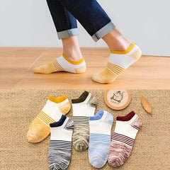 MOMISY Men's Premium Cotton Cushion Ankle length Socks, (Multicolor) Pack of 5 (Free Size) (5 Stripes)