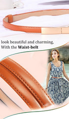 SYGA Women Leather Belt Thin Skinny Metal Gold Elastic Buckle Waistband 22-36 Waist Belt Dress Accessories(Orange)