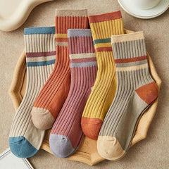 MOMISY Unisex Colorblock Ribbed Crew Socks Cotton Blend Striped Casual Socks 5 Pair (Multicolor)