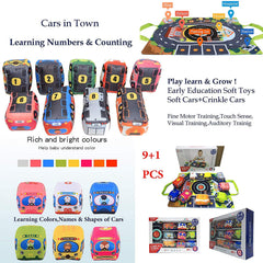 SYGA Soft Cars Toys,Town Play Mat,9 PCs Toddler Cars Activities Cloth Vehicles Toy Car Set.