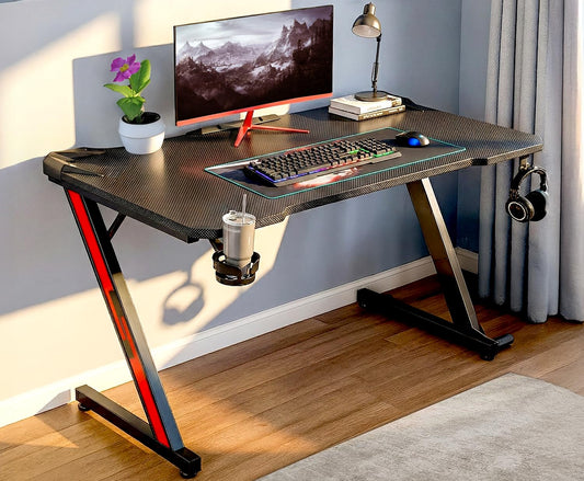White Mulberry Gaming Desk, Computer Desk with Carbon Fiber Surface, Z Shaped Gaming Table, Computer Table, Workstation, Home Office Desk with Cup Holder and Headphone Holder | (117 * 67 * 71 CM)