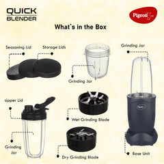 Pigeon By Stovekraft Quick Blend | Grinder Juicer Blender Smoothie Maker All-in-1 Machine | 400 Watt | 3 Jars 500ml,Dry Grind 300ml,1 Sipper, 1 Strainer lid, 2 Cap |2 Blades|1 Year Warranty