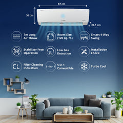 Lloyd 1 Ton 5 Star Inverter Split AC (5 in 1 Convertible, 100% Copper, Anti-Viral + PM 2.5 Filter, White with Graphic Design, GLS12I5FWBEV)