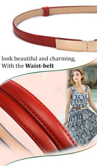 SYGA Women Leather Belt Thin Skinny Metal Gold Elastic Buckle Waistband 22-36 Waist Belt Dress Accessories(RED)