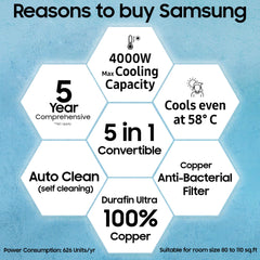 Samsung 1 Ton 3 Star Digital Inverter Split AC (Faster & Powerful Cooling even at 58 Degree C, 100% Copper, 5 year comprehensive warranty, 5 Step Convertible, AR50F12D0LHNNA, White)