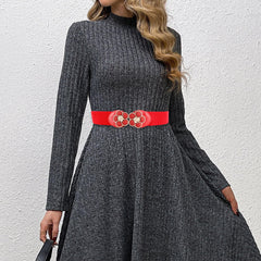 SYGA Women Cinch Belt, PU Leather Stretchy Waist Belt with Dual Flower Metal Buckle, Retro Style - Black