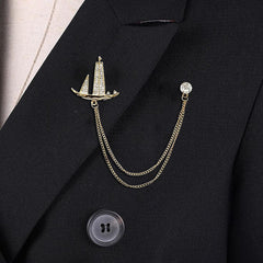 SYGA Men's & Women Suit Shirt Stud Lapel Pin Chain Tassel Brooch Pin with Crystal Chain(golden sail)
