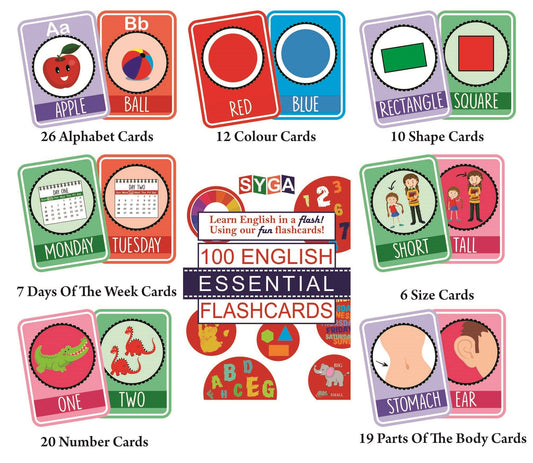 syga English Essential Flash Cards 100 Cards for Kids Child to Learn English Cards- Multi Color