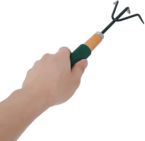 SYGA 3Pcs Small Garden Tools Set Heavy Duty 1Garden Hands Shovel Trowel 1Claw Rake 1 Plants Fork with Ergonomic Wooden Handle Metal Bonsai Tool Kit for Transplanting and Digging