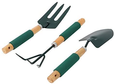 SYGA 3Pcs Small Garden Tools Set Heavy Duty 1Garden Hands Shovel Trowel 1Claw Rake 1 Plants Fork with Ergonomic Wooden Handle Metal Bonsai Tool Kit for Transplanting and Digging
