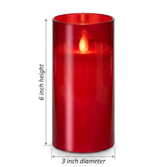 Flameless LED Pillar Candle Set of 2 | Acrylic Fiber Glass | Dancing Faux Wick | Remote Control with Battery Operated 3 AA | Home Décor & Gifting | 3" D x 6" H | Red