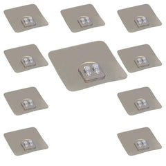 AMIQUS 10 Pcs Hevy Duty Self Adhesive Hook for Hanging Kitchen Item and Other Stainless Steel, Gold Waterproof, Strong Towels, Keys, Utensils,Robes Double-Sided Transparent (Double Claw V Shape)