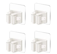 Rifrpha Pack of 4 Broom Holder Wall Self-Adhesive Mop Holder No Drilling Broom Holder Self-Adhesive Mop Holder Holder for Kitchens, Bathrooms (White)