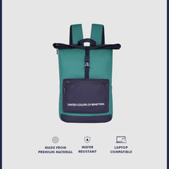 United Colors of Benetton Grand Slam 30L Roll-Top Backpack - Blue+Navy Color | Fits 14-inch Laptop | Secure Buckle Closure for Travel & Gym with 1-Year Warranty