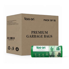 Tag On Garbage Bags | 300 Pcs | Medium - 19 x 21 Inches | 30 Bags x 10 Rolls | Green | Dustbin/Trash Bags with Detachable Drawstrings | For Dry & Wet Waste Garbage Bag