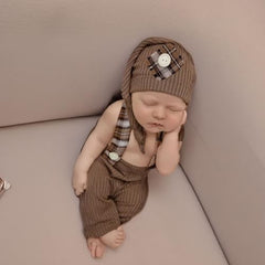 MOMISY Newborn Baby Photography Prop Outfits Solid Suspender with Cap Photo Shoot Costume for 0-6 Months (Brown, 0-6 Month)